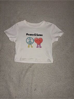 Cotton On White 'Peace & Love' Graphic Crop Tee with Blue & Pink Accents